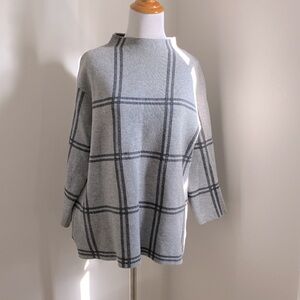 J. Jill Sweater Windowpane Plaid Mock Neck 3/4 Sleeve Sweater Gray Size Medium